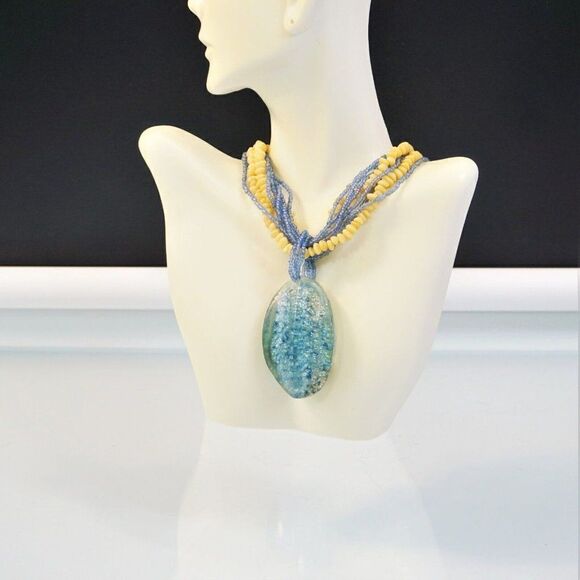 Beaded Statement Necklace Multi Strand White and Blue Accent Fashion Mod - Picture 7 of 7
